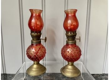 Pair Of Miniature Glass And Brass Oil Lamps