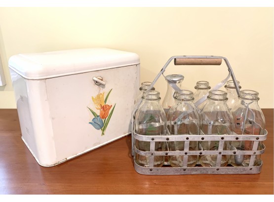 Vintage Milk Crate With Glass Bottles & Bread Box