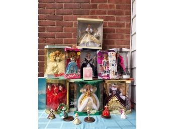 Collection Of Vintage 90's Holiday Barbie Dolls With Barbie Figurines
