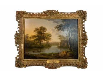 1820 Oil On Board Of A River Scene With Men Fishing In A Gilt Filigree Frame*
