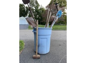 55 Gal Garbage Can With Misc Yard Tools Including 5lb Sledge
