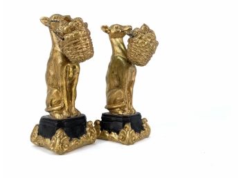 Pair - Gold Gilt Dogs With Baskets Of Flowers