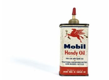 Vintage Mobil Handy Oil Can With Cap And Some Contents
