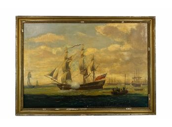 Magnificent Antique Oil On Canvas Of A British War Ship In Gilt Frame