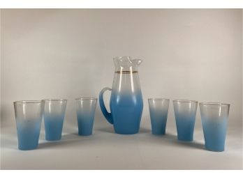 Blue Blendo Beverage Set - Water Pitcher And Tumblers With Gold Leaf Trim Ring