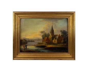Early 19th Century Oil On Board River Scene With Church