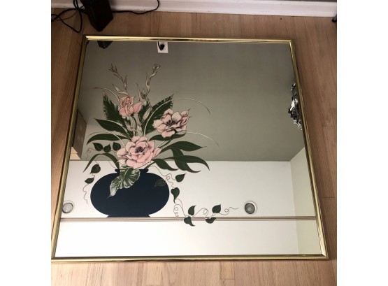 1980s Enameled Mirror Art, Square Mirror With Vase Of Flowers