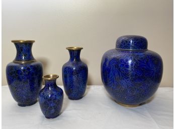 Floral Cloisonne And Brass Cobalt  Vases And Ginger Jar - Set Of 4