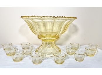 Vintage Yellow Depression Glass Punch Bowl Set With 12 Glasses