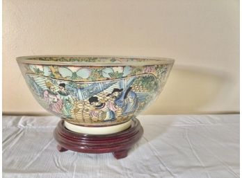 Porcelain Hand Painted Chinese Bowl On Wood Stand