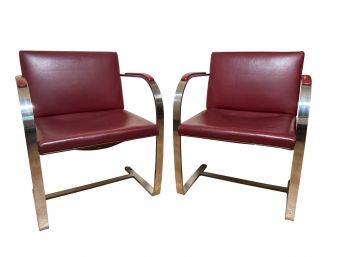 Fabulous Pair Of Vintage Brno Armchair By Mies Van Der Rohe For Knoll In Burgandy Leather