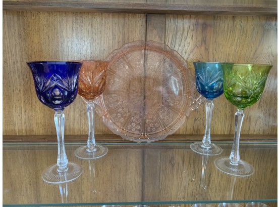 Depression Glass Plate & Four Colorful Wine Glasses