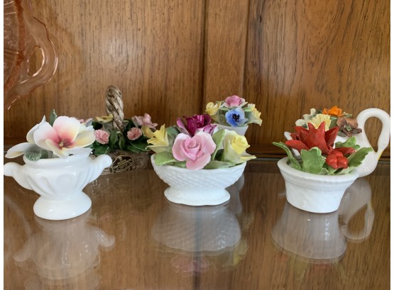 Six Tiny Porcelain Flower Baskets, Various Makers