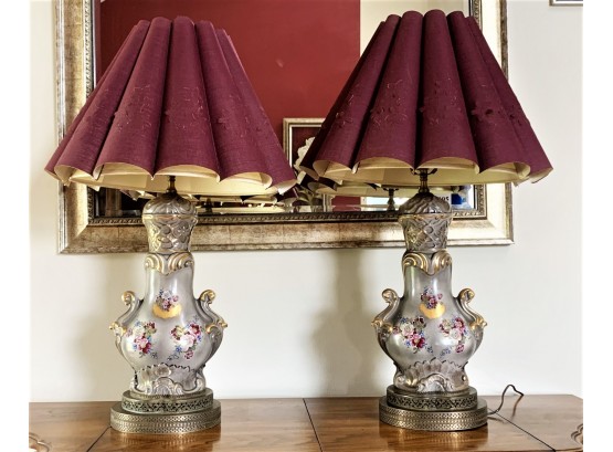 Pair Porcelain Vases (possibly Lenox)) Mounted As Table Lamps With Pleated Shades