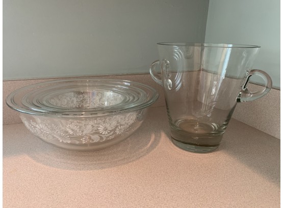 Crystal Ice Bucket And Four Floral Decorated Mixing Bowls