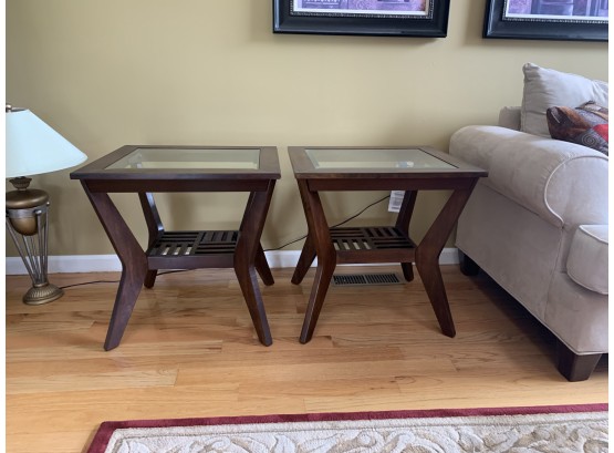 Pair Contemporary Glass & Wood Side Tables