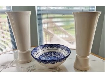 Two Large Ceramic Vases And A Blue & White Bowl