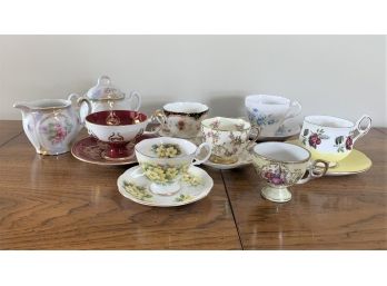 Group Of Porcelain Tea Cup, Saucers, Sugar & Creamer - 15 Pieces Total