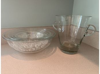 Crystal Ice Bucket And Four Floral Decorated Mixing Bowls