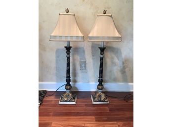 Pair Tall Candlestick Form Table Lamps