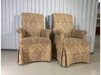 Pair - Upholstered Earth Tone Damask Skirted Rolled Arm Side Chairs