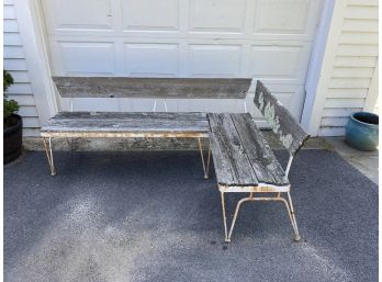 Mid Century 'L' Shaped Iron And Wood Bench With Hairpin Legs