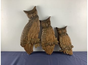Set Of 3 Wood Carved Owls