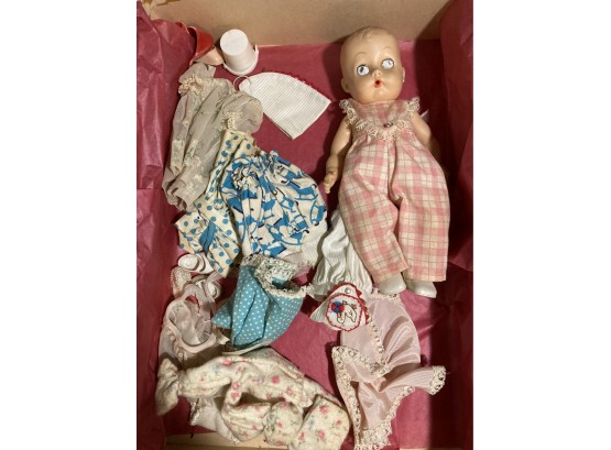Ginnette, Made In U.S.A., Vintage Toy Baby Doll And Accessories