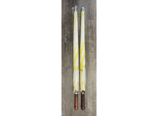 Two Large Yellow And White With Wooden Handles Umbrella NIP