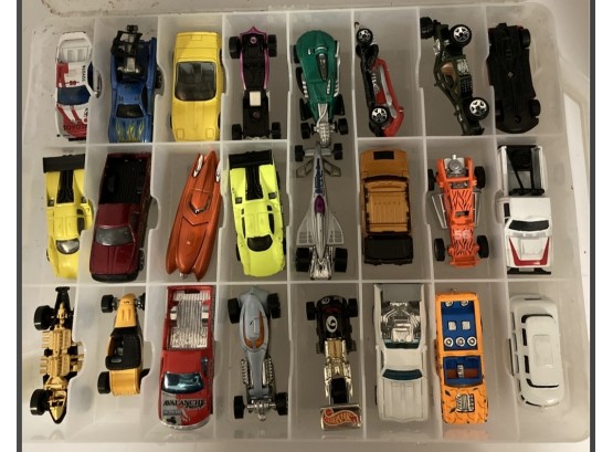 Mixed Group Of 24 Toy Diecast Vehicles By Hot Wheels, Mattel, & Maisto With Compartmental Case