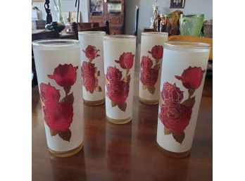 Five 1950s Painted Frost With Roses Beverage Glases
