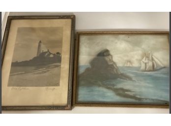 Pair Of Vintage Framed Decorative Images: A Photo Print Of Old Lighthouse, And An Original Pastel Seascape