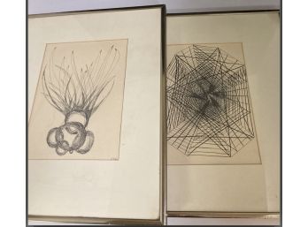 Pair Of Framed Abstract Pen & Ink Drawings , One Artist-signed, With Initials, CFW