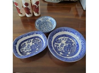Three Antique Bowls- Two Blue Willow, Allertons, England And One Japanese -Takahasi