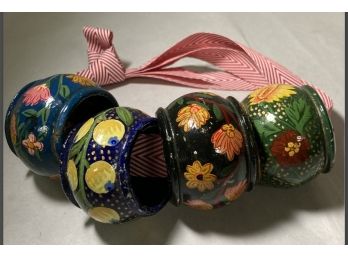 Set Of 4 Hand Painted Wood Napkin Rings -  Decorated With Floral Motifs