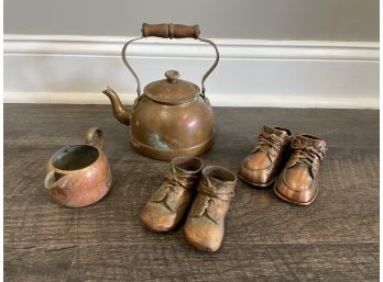 A Vintage Copper Teapot, Creamer & 3 Pairs Of Bronze Dipped Baby Shoes From The 1960s