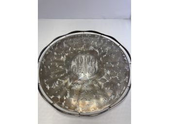 Sterling Silver Embossed Glass Serving Plater Inscribed With Ornate Personal Initials BSL