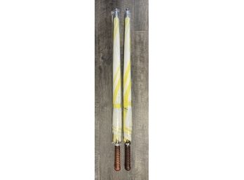 Two Large Yellow And White With Wooden Handles Umbrella NIP
