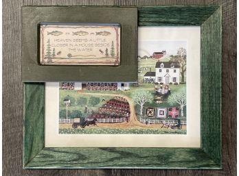 Two Lovely Vintage Green Wooden Framed Prints