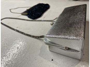 Vintage Glitz And Glam Purses Handbags - One Is Shiny Silver & A Black Beaded Purse. Circa 1950s