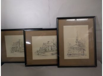 3 Vintage Framed Original Illustrations Of Landmark Buildings Inc. Pre-addition Yale Thomas Greer House