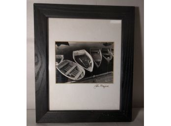 Black & White Photograph Of Rowboats At Quay By John Maguire, Signed And Framed