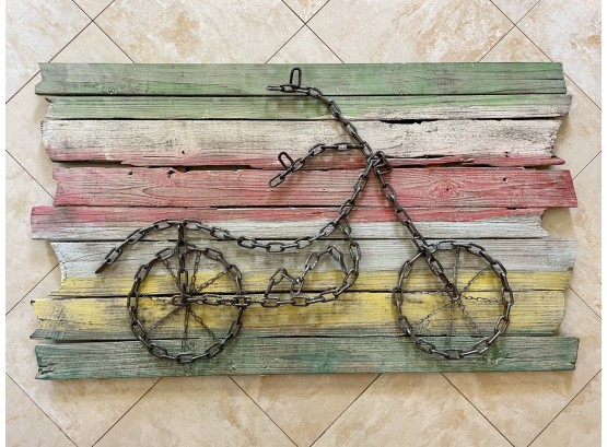 Bicycle Art Form On Recycled Wood Wall Hanging