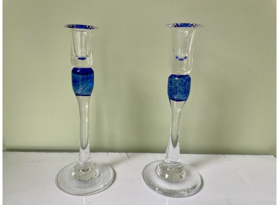 Hand Blown Blue Accent Glass Candle Holders