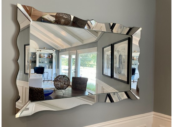 Large Rectangular Wall Mirror With Scalloped Edge & Metal Accents