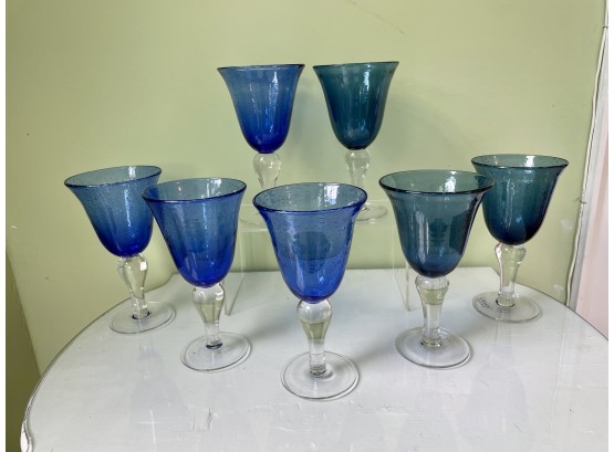 Seven Coordinating Blue Hued Stemmed Glass Wine Goblets