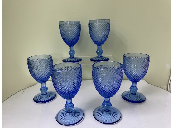 Six Blue Cut Glass Water Goblets