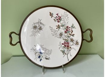 Large Brass Handled Floral Decorated Porcelain Trivet