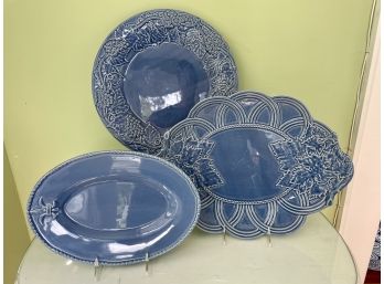 Three Blue Bordallo Pinherio Platters, Made In Portugal
