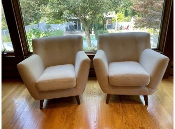 Pair Of Mid Century Style Cream Colored Upholstered Arm Chairs